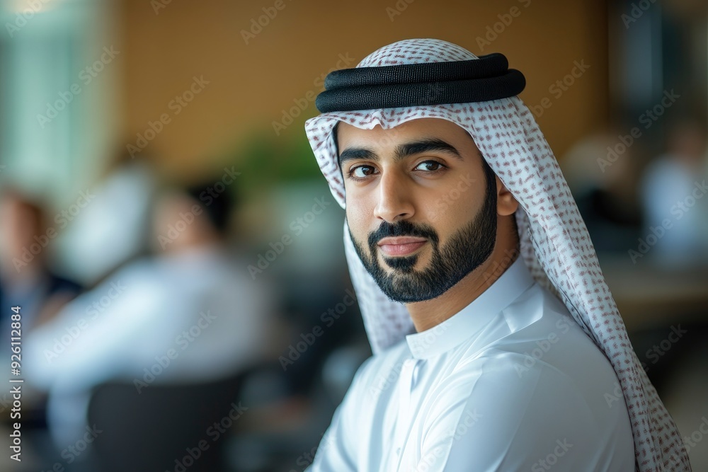 Emirati Arab at office wearing Kandura looking at front ideal for Middle East business concept with generative ai Emirati Arab at office wearing Kandura looking at front ideal for Middle East business concept with generative ai