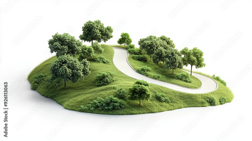 A 3D illustration of a country road lined with lush green trees in the summer. The scene is depicted on a piece of green land, isolated from its surroundings, emphasizing the natural beauty A 3D illustration of a country road lined with lush green trees in the summer. The scene is depicted on a piece of green land, isolated from its surroundings, emphasizing the natural beauty
