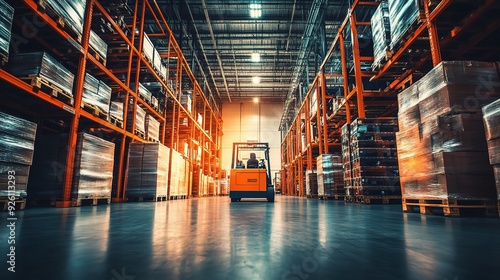 A warehouse interior with pallets and forklifts, emphasizing organization and logistics, copy space, High quality, + --ar 16:9 --v 6.1 Job ID: e4dc088b-9662-427f-a134-93186212da95 photo