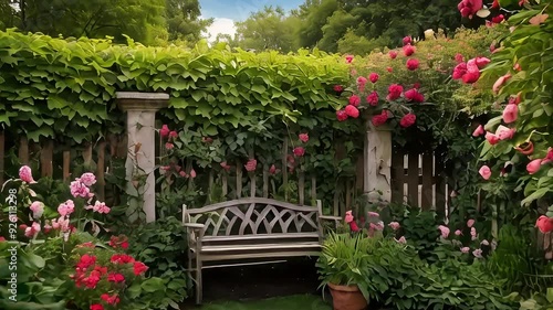 Garden fence animation. Climbing plants and flowers covering a garden fence creating an enclosed setting. Charming design. photo