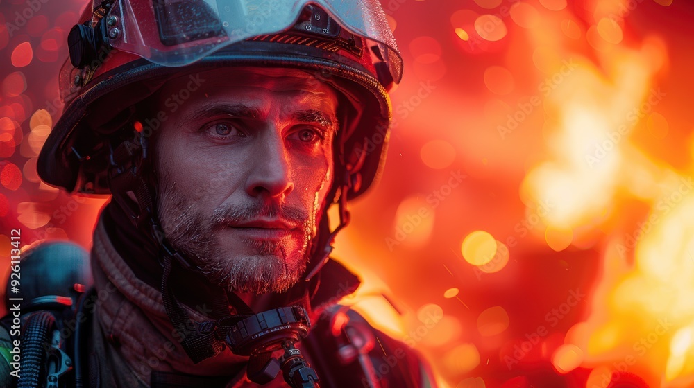 Firefighter in protective gear stands near intense flames during a nighttime blaze Firefighter in protective gear stands near intense flames during a nighttime blaze