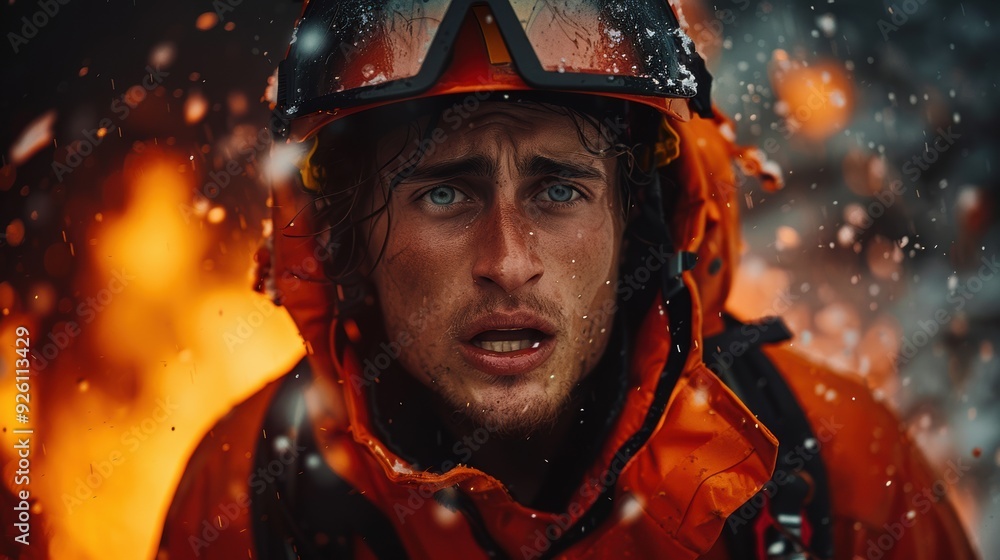 Firefighter in orange gear facing flames and smoke during a wildfire emergency in a dense forest Firefighter in orange gear facing flames and smoke during a wildfire emergency in a dense forest