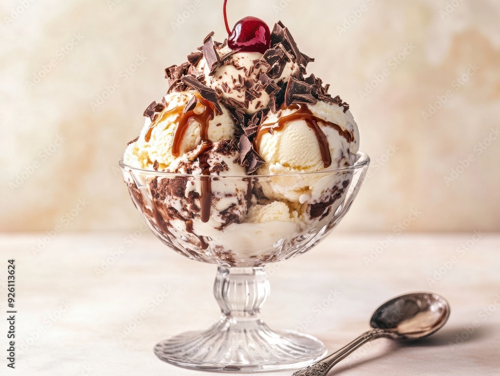 A delicious ice cream sundae topped with chocolate shavings and a cherry. A delicious ice cream sundae topped with chocolate shavings and a cherry.