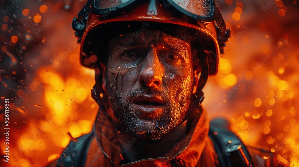 A firefighter stands determined amidst a raging inferno, showcasing bravery and resilience during a challenging rescue operation A firefighter stands determined amidst a raging inferno, showcasing bravery and resilience during a challenging rescue operation
