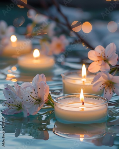 Serene scene of aromatic candles and flowers floating on water, with gentle bokeh lighting for a spa-like ambiance, more clarity with clear light and sharp focus, super detailed photo