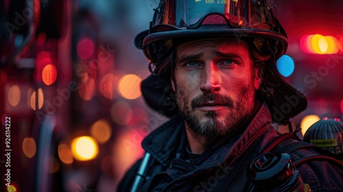 Firefighter in uniform stands confidently amid a glowing backdrop of city lights at dusk