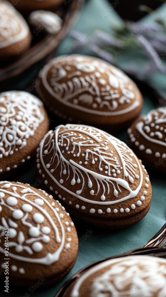 Delicious gingerbread cookies adorned with intricate icing designs for spring celebrations Delicious gingerbread cookies adorned with intricate icing designs for spring celebrations
