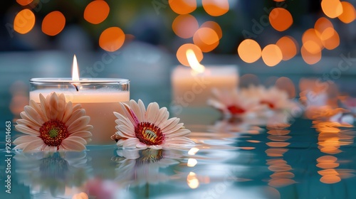 Aromatic candles and flowers floating on the water surface, featuring gentle bokeh for a spa-like feel, more clarity with clear light and sharp focus, super detailed photo