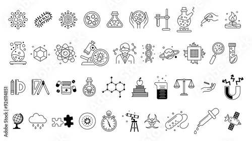 Set of black, white icons representing various science and education themes. The icons are simple line drawings on a white background. Concept of scientific research and learning. Vector illustration