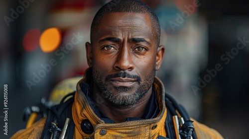 Firefighter in uniform poses confidently outdoors during the day, showcasing dedication and bravery in a busy urban environment