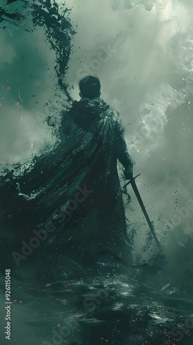 Mysterious Figure In Mist With Sword.