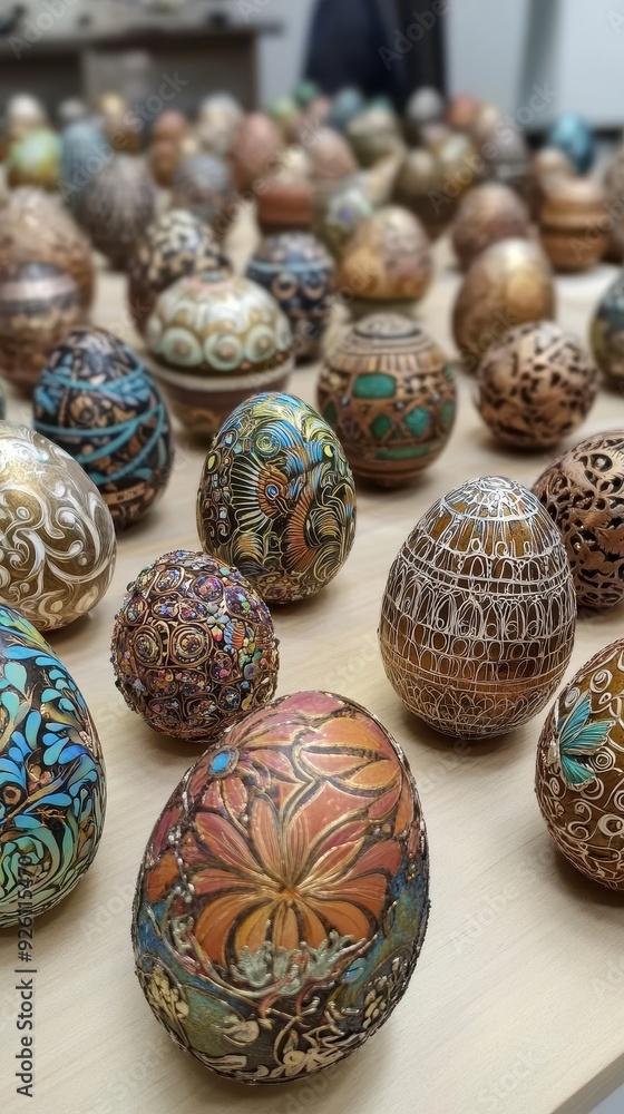 A variety of beautifully crafted eggs with intricate patterns and colors are arranged on a wooden table A variety of beautifully crafted eggs with intricate patterns and colors are arranged on a wooden table