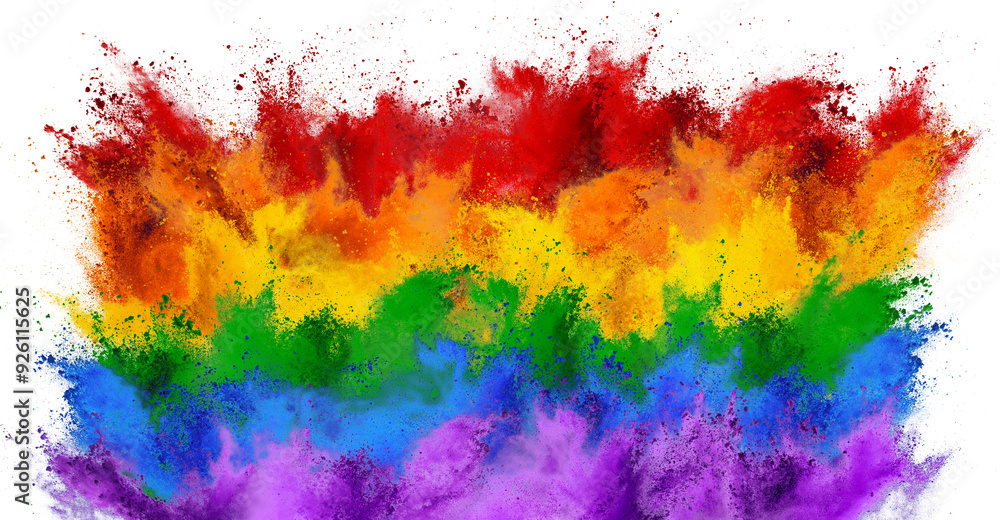 Obraz premium colorful gay pride or lgbt flag with rainbow color holi paint powder explosion isolated white background. free sexuality equal rights and CSD freedom concept.