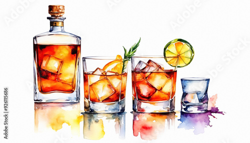 Glasses of whiskey and ice, watercolor painting style, generative AI.