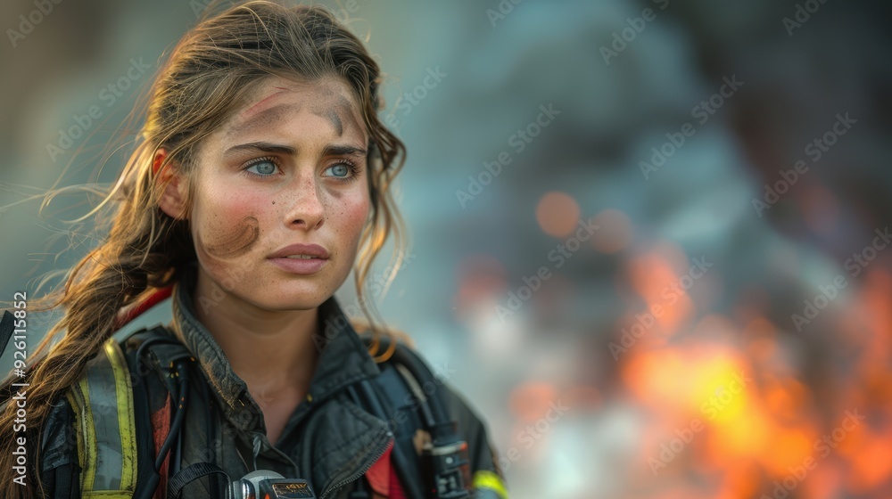 Young firefighter stands determined amidst flames during an intense rescue operation in a forested area Young firefighter stands determined amidst flames during an intense rescue operation in a forested area