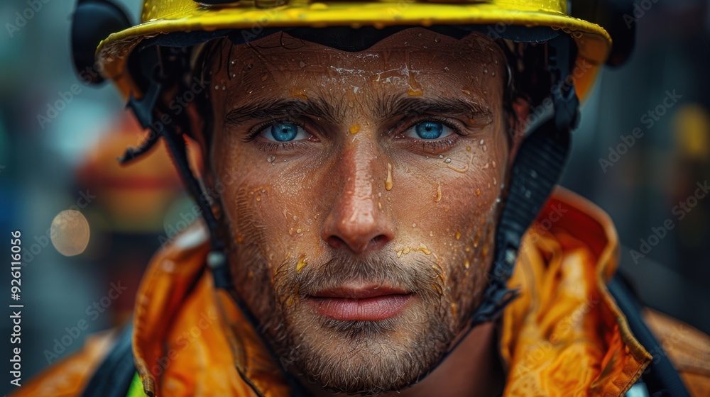 Firefighter with water droplets on his face during a rainy rescue operation in an urban area Firefighter with water droplets on his face during a rainy rescue operation in an urban area