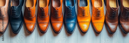 Stylish Men's Oxfords in a Row: A Variety of Colors and Styles - A row of eight men's oxford shoes, each with a different color and pattern. The shoes are arranged in a straight line on a wooden surfa photo