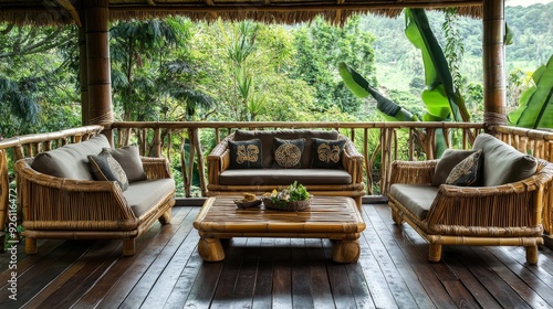 Tropical Bamboo Patio Furniture with Lush Greenery View - Relaxing bamboo furniture set on a wooden deck overlooking a lush green tropical jungle. The natural materials and serene view create a peace