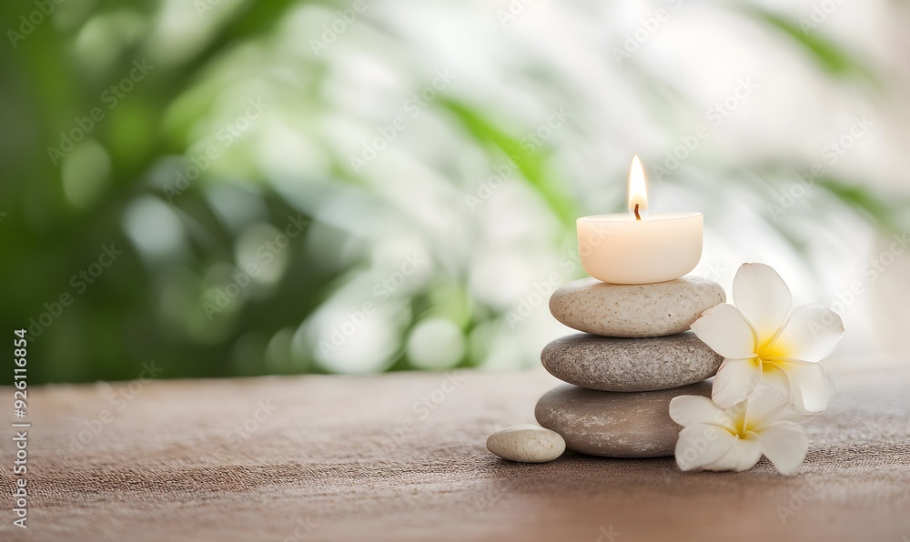 Zen Candle Arrangement with Flowers and Stones, Generative AI Zen Candle Arrangement with Flowers and Stones, Generative AI