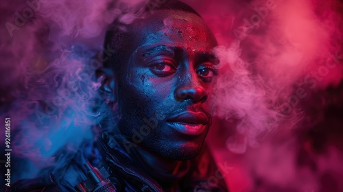 A close-up portrait of a man surrounded by colorful smoke in a dark setting