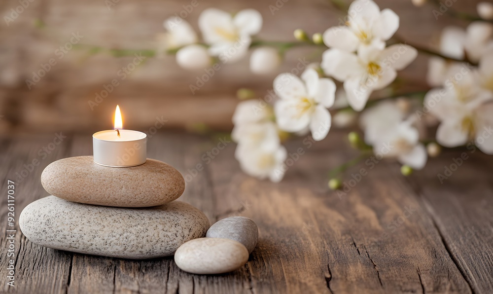 Zen Candle Arrangement with Flowers and Stones, Generative AI Zen Candle Arrangement with Flowers and Stones, Generative AI