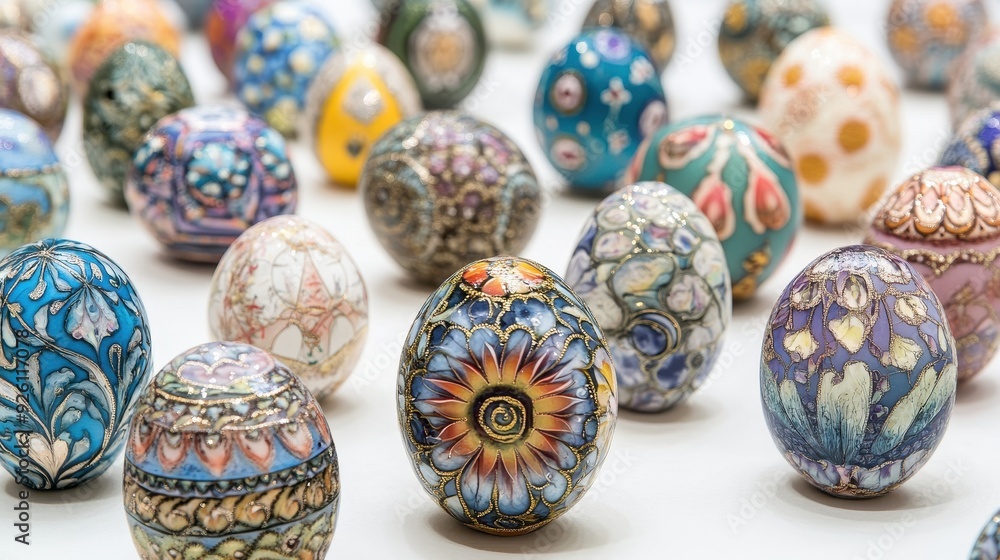 Colorful, intricately designed Easter eggs are arranged beautifully for spring celebrations Colorful, intricately designed Easter eggs are arranged beautifully for spring celebrations