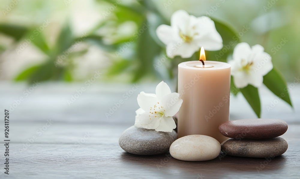 Zen Candle Arrangement with Flowers and Stones, Generative AI Zen Candle Arrangement with Flowers and Stones, Generative AI