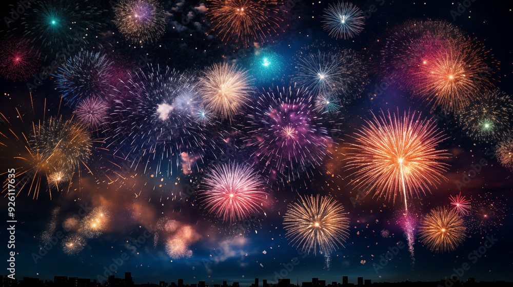 Fototapeta premium Brilliant Fireworks Exploding In The Night Sky Above A City Creating A Dazzling Display Of Color And Light