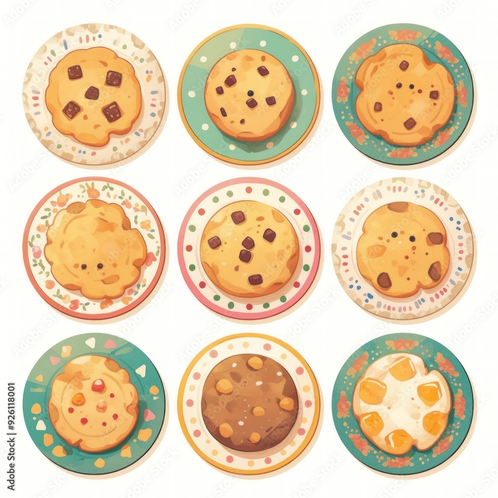 Obraz premium Illustration of Nine Cookies on Plates with Different Designs Generated with Ai
