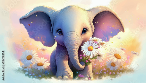 A cuddly baby elephant hugging a branch of daisies