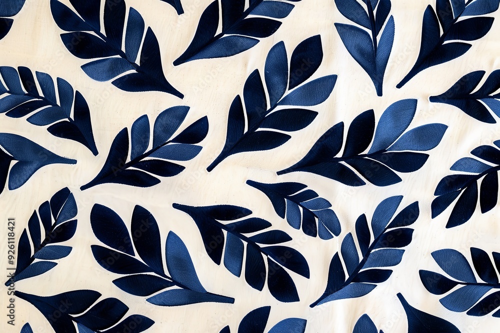 A repeating pattern of bold, dark blue leaves on a light background A repeating pattern of bold, dark blue leaves on a light background