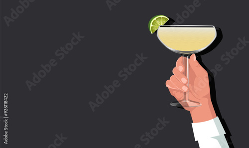 A hand holding a cocktail glass with a lime garnish against a dark background. Minimalist flat style. Concept of celebration and relaxation. Vector illustration