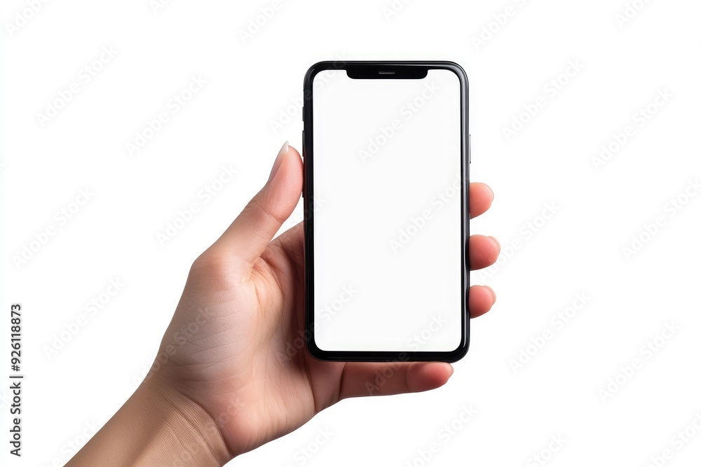 Hand showing smartphone with blank screen isolated on white background with generative ai Hand showing smartphone with blank screen isolated on white background with generative ai