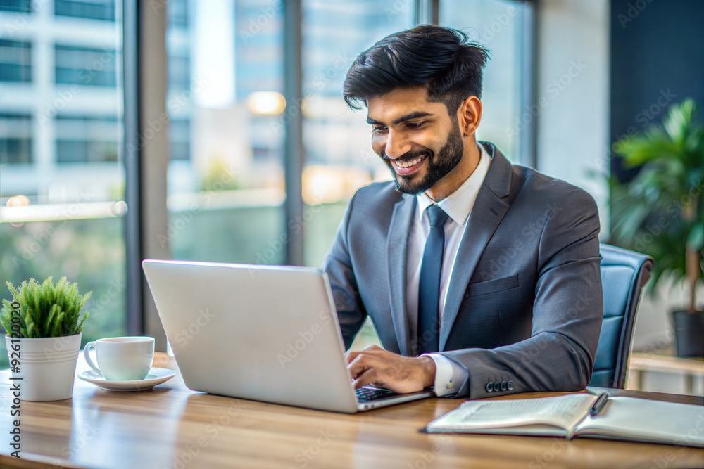 A young Indian man in a suit sits in the office at a desk and works on a laptop A young Indian man in a suit sits in the office at a desk and works on a laptop