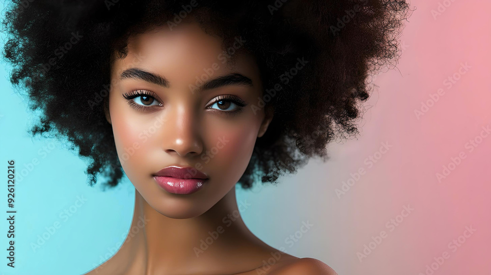 A striking portrait of a woman with an afro hairstyle against a soft pastel background, highlighting her natural beauty and confidence. A striking portrait of a woman with an afro hairstyle against a soft pastel background, highlighting her natural beauty and confidence.