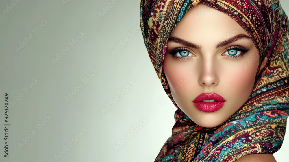 Portrait of a woman with striking blue eyes and headscarf Portrait of a woman with striking blue eyes and headscarf
