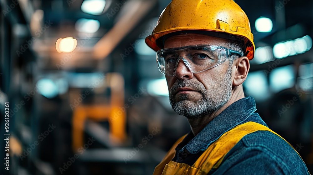 Portrait of a male worker in a steel plant wearing safety glasses and a yellow helmet, looking at the camera. Portrait of a male worker in a steel plant wearing safety glasses and a yellow helmet, looking at the camera.