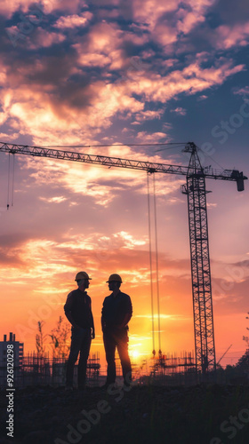 Two men standing in front of a crane at sunset