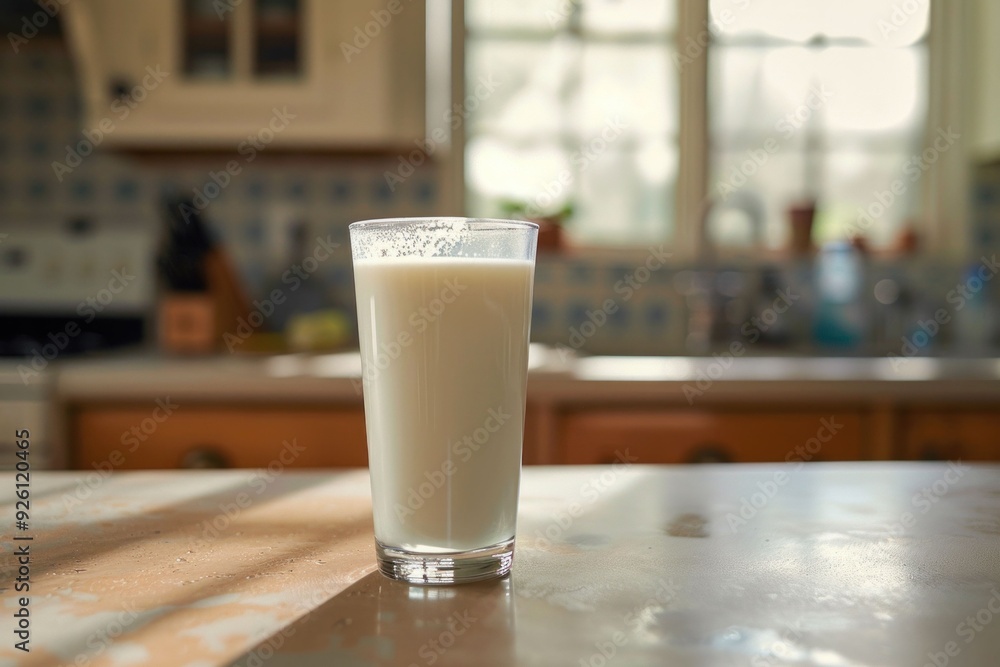 Glass of milk on a kitchen counter with natural light flooding in through a window Glass of milk on a kitchen counter with natural light flooding in through a window