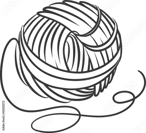 Yarn ball line icon. Hand drawn retro one round skein of woolen thread, roll with wave end of string. Knitting, crocheting mascot, outline yarn to knit warm winter knitwear icon vector illustration