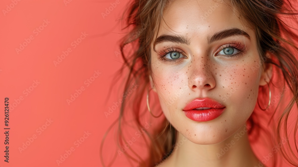Young woman with freckles poses against a vibrant coral background, showcasing natural beauty and flawless skin Young woman with freckles poses against a vibrant coral background, showcasing natural beauty and flawless skin