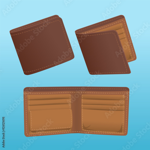 New empty brown classic leather wallet open and closed without money or cards vector design illustration