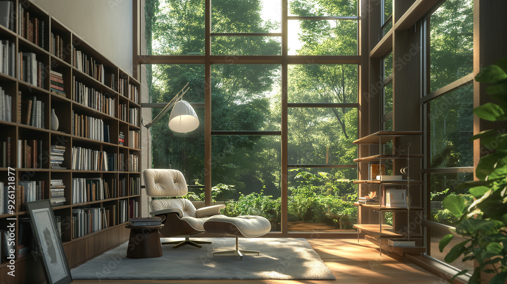 a modern home library with built-in bookshelves, a comfortable reading chair, and large windows for natural light. interior design a modern home library with built-in bookshelves, a comfortable reading chair, and large windows for natural light. interior design