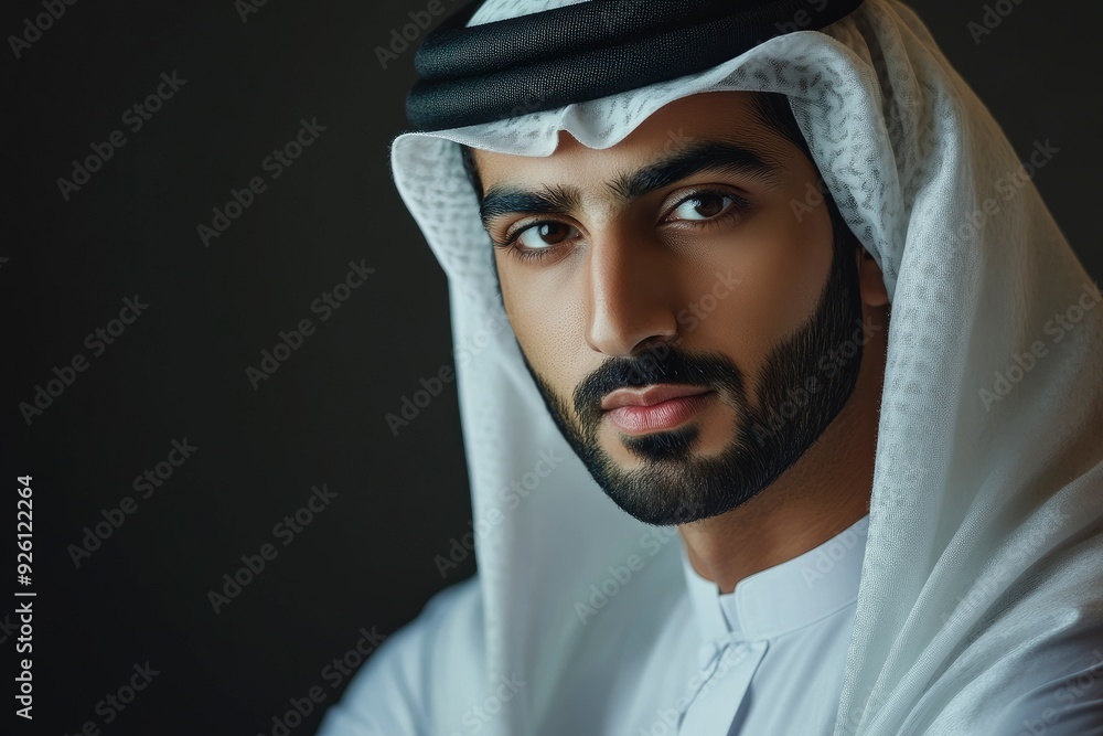 Handsome arab middle-eastern man with traditional kandora in studio - Arabic muslim adult male portrait wearing emirate clothing in Dubai, United Arab Emirates with generative ai Handsome arab middle-eastern man with traditional kandora in studio - Arabic muslim adult male portrait wearing emirate clothing in Dubai, United Arab Emirates with generative ai