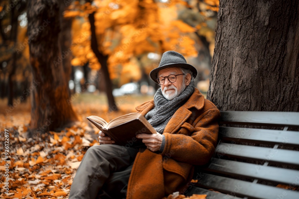 Happy elderly man reading a book on a bench in sunny autumn park Happy elderly man reading a book on a bench in sunny autumn park