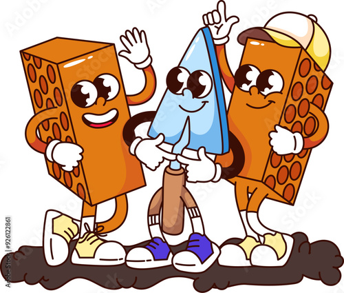 Groovy bricks and trowel cartoon characters build house. Funny retro tool and material of bricklayer and mason. Brick construction mascot, cartoon sticker of 70s 80s style vector illustration