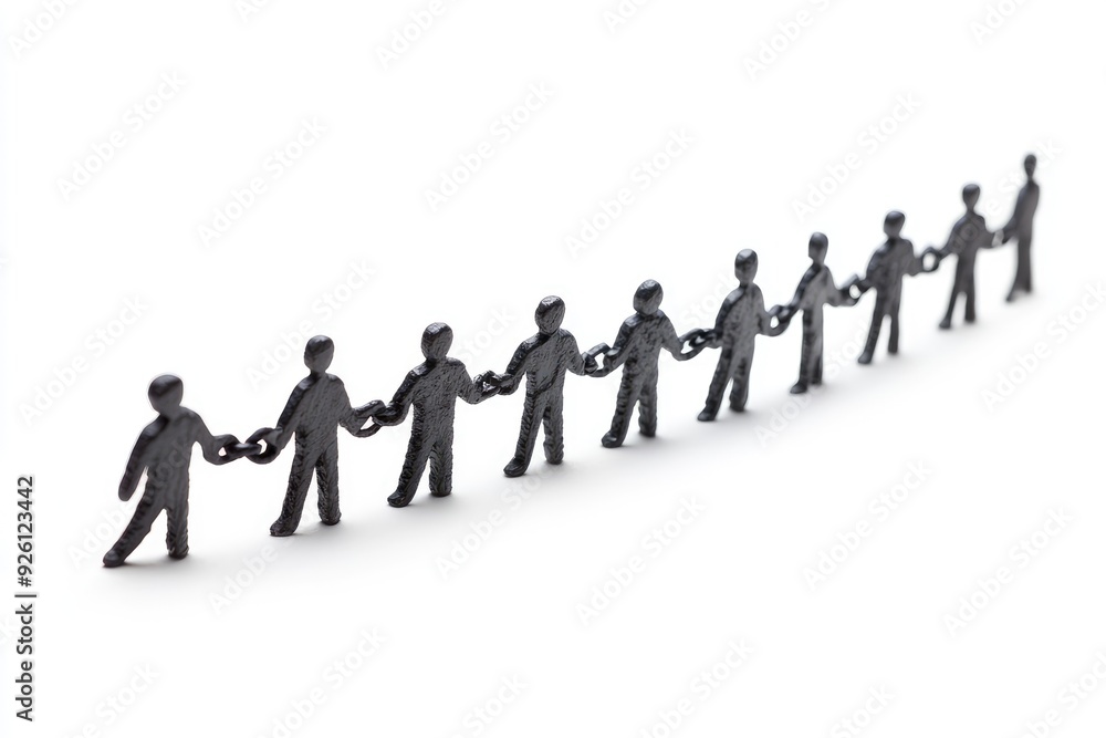 Line of bronze statues carrying heavy chain on white background Line of bronze statues carrying heavy chain on white background