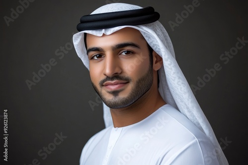 Handsome arab middle-eastern man with traditional kandora in studio - Arabic muslim adult male portrait wearing emirate clothing in Dubai, United Arab Emirates with generative ai