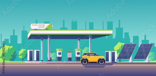 An electric vehicle is charging at a green energy station with solar panels in an urban setting. Digital art style on a gradient teal background. Concept of sustainable energy. Vector illustration