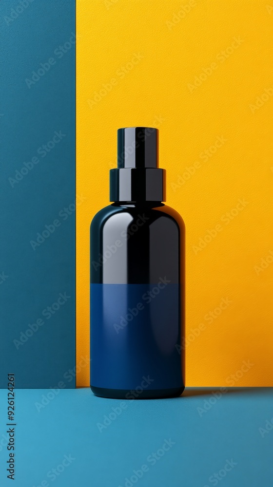 A bottle of perfume is sitting on a blue and yellow background A bottle of perfume is sitting on a blue and yellow background